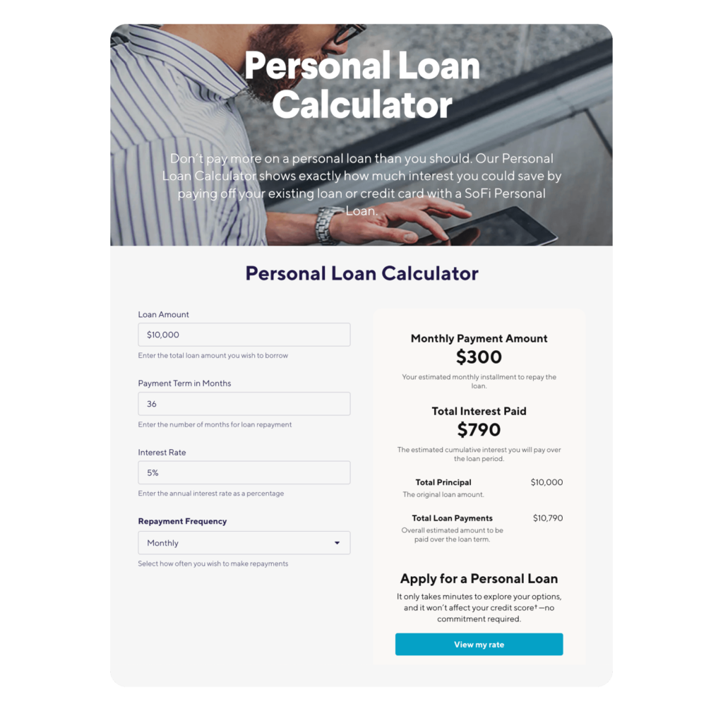 A personal loan calculator available online. 