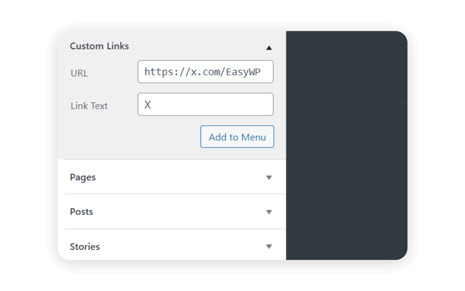 The custom link menu opened in WordPress.