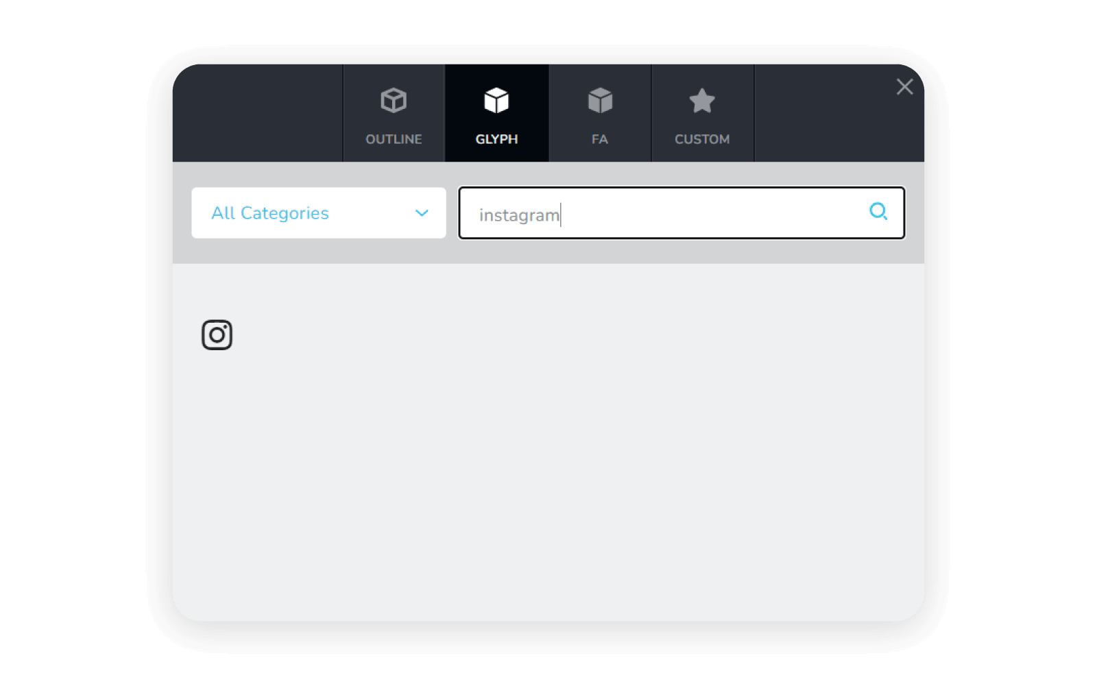 A glyph search in Brizy with Instagram in the search field. 