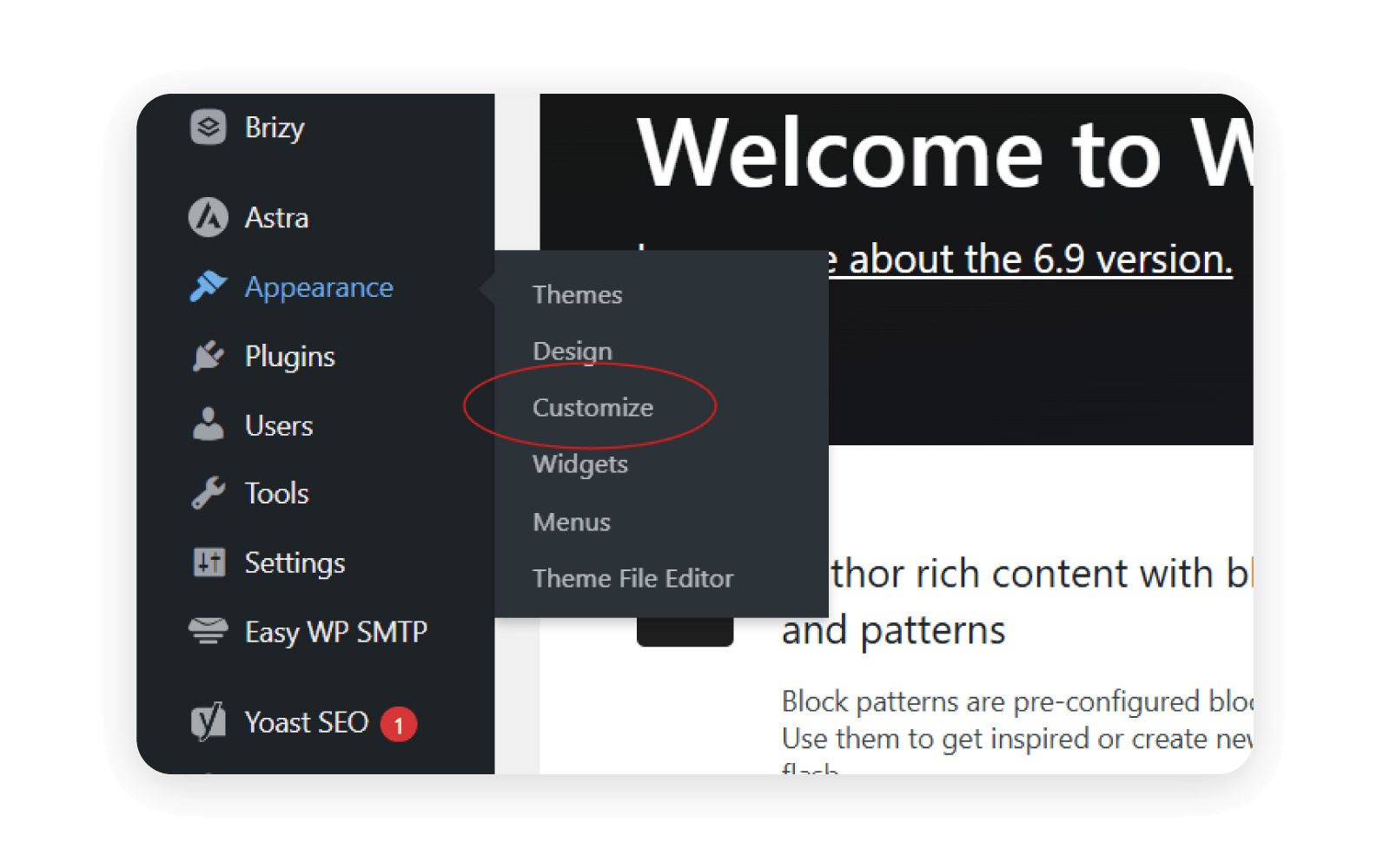 The dashboard of WordPress with navigation opened on the left. 