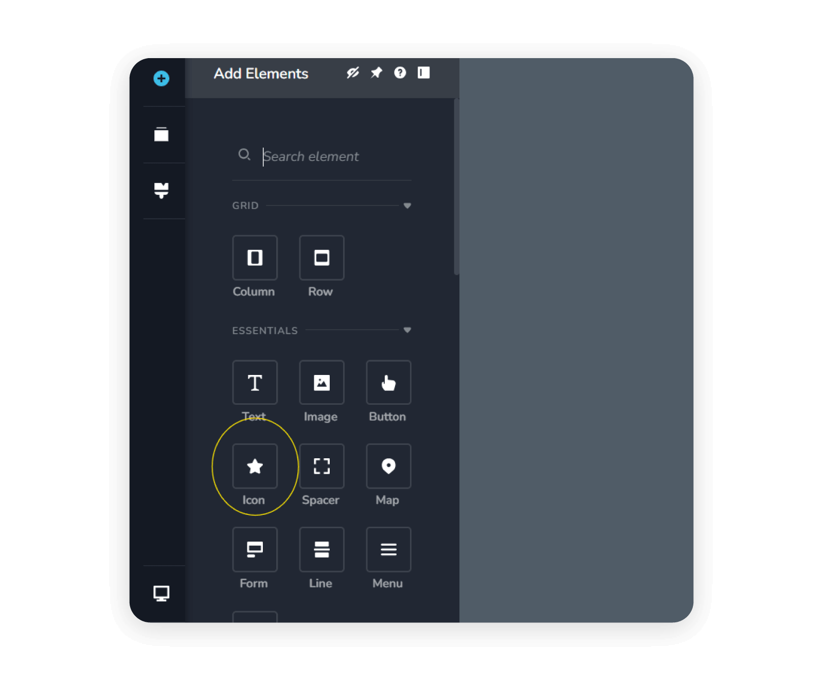 The Elements menu in Brizy with the icons option circled. 