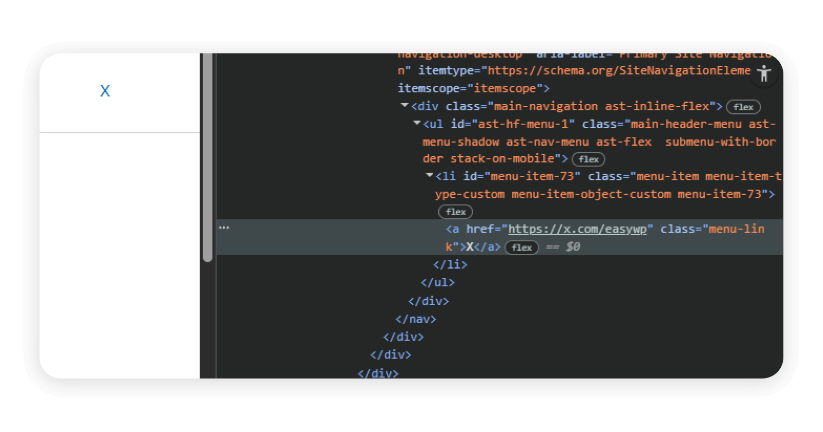 WordPress source code showing a custom link has been added. 
