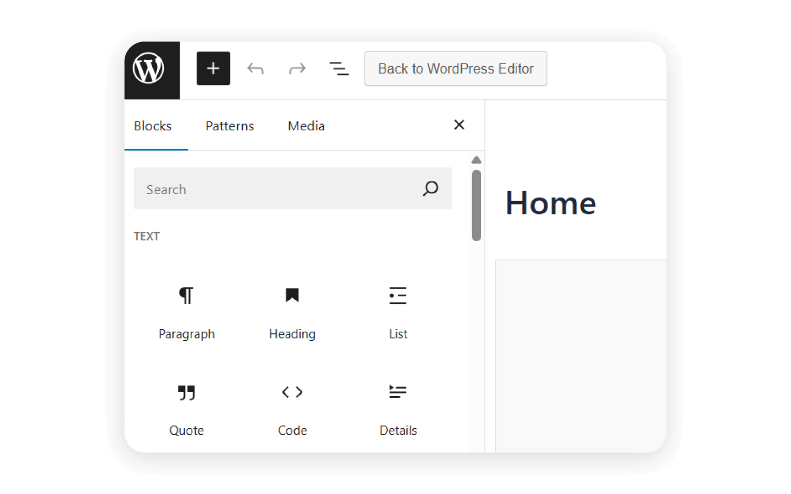 The Blocks menu opened in WordPress.