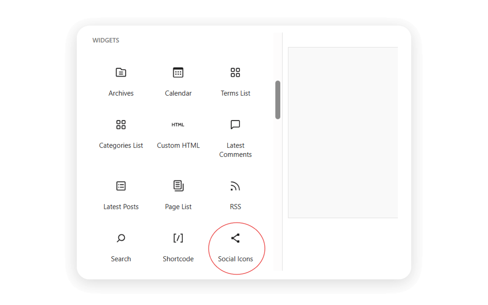The widgets options are open in WordPress with the social icons option circled. 