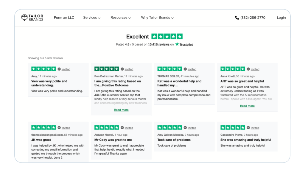 Screenshot of customer reviews from the Tailor Brands site