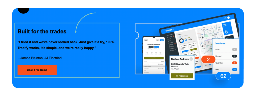 A testimonial quote on a website with a blue background.