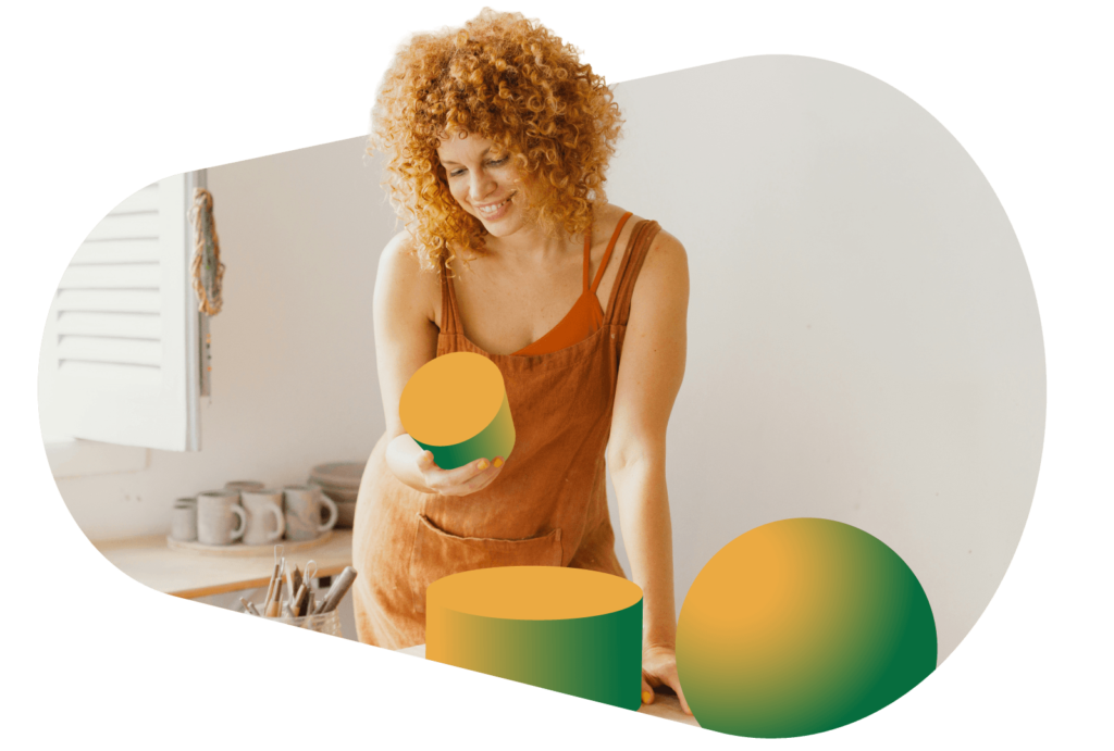 A woman looks at a yellow circle.