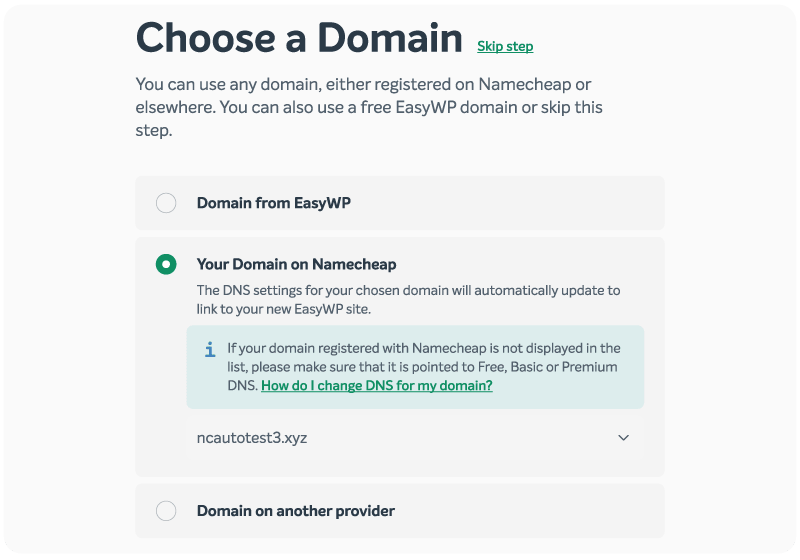 The screen in the EasyWP dashboard where you can pick a domain.