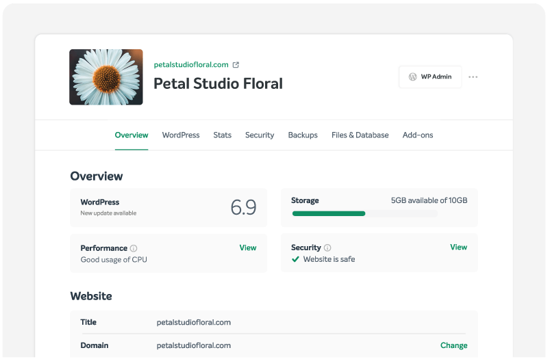The main tab of the EasyWP dashboard where you can manage your website.