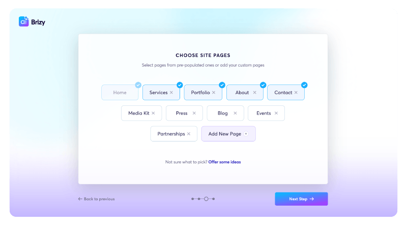 Step three in the Brizy setup process shows automated page layout options.