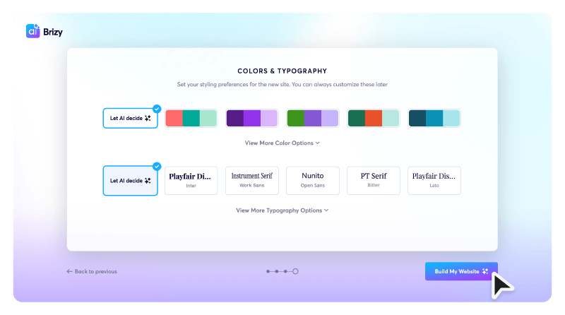 Step four in the Brizy setup process shows color options.