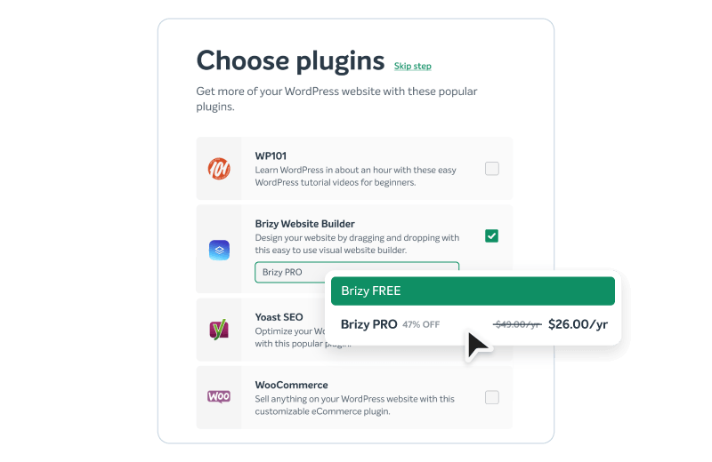 The popup showing how to choose plugins in the EasyWP setup wizard.
