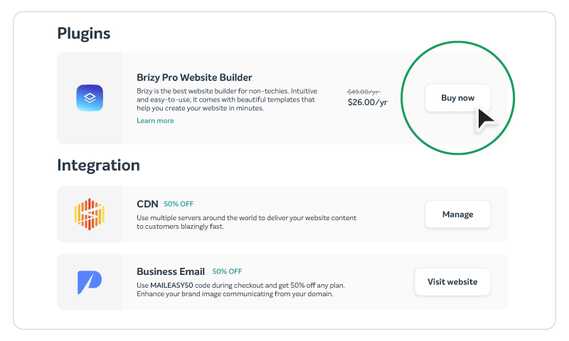 The plugins and integrations selection screen in EasyWP.