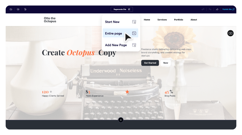 An arrow points to the option to regenerate a page in Brizy AI.