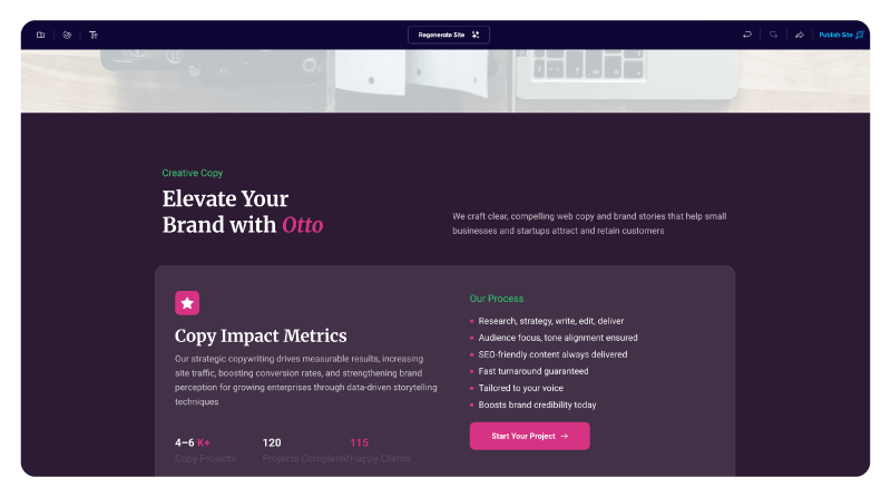 A regenerated dark purple page shows how easy it is to revise a page with Brizy Ai.